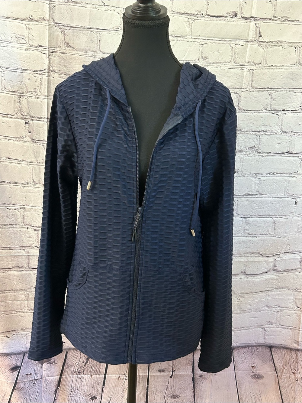 Women's Navy Textured Zip-Up Hooded Jacket